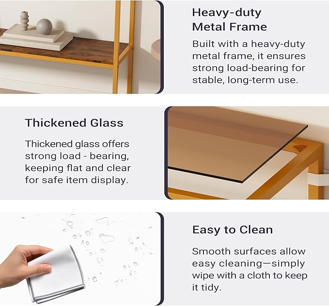 Console Sofa Table, 52" Modern Entryway Table, 2-Tier Open Shelf with Tempered Glass, Metal Frame Behind Couch Table with Gold Metal Frame for Living Room Hallway Entrance, Brown-NeatNest