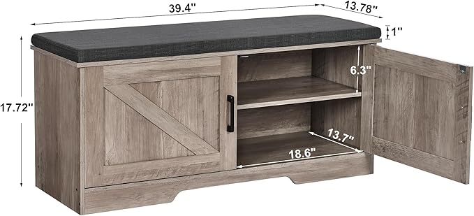 2-Tier Storage Bench, Shoe Bench with Padded Seat Cushion, Entryway Bench with 2 Barn Doors, Adjustable Shelf, 13.8" D x 39.4" W x 17.7" H, for Entryway, Living Room, Bedroom, Greige-NeatNest