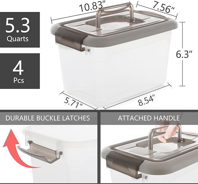 Citylife 4 Packs 6 QT Plastic Storage Bins with Latching Lids Stackable Storage Containers for Organizing Clear Storage Box for Garage, Closet, Kitchen-NeatNest