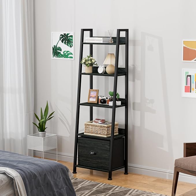 Furologee 5-Tier Ladder Shelf, Narrow Ladder Bookshelf with Drawer, 55.6”Tall Industrial Bookcase Storage Rack Organizer, Freestanding Storage Shelve for Living Room, Home Office, Bedroom, Black Oak