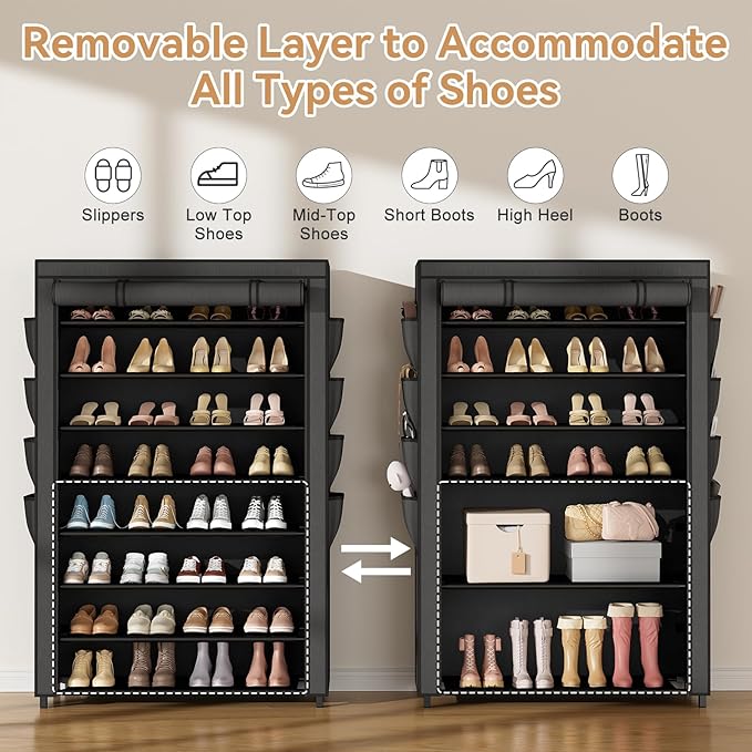 Shoe Rack with Cover, 8 Tier Tall Shoe Organizer Storage for 36-45 Pair Shoes and Boots Large Shoe Storage Shelf Free Standing Shoe Rack for Closet, Front Door Entrance, Dorm, Garage-NeatNest