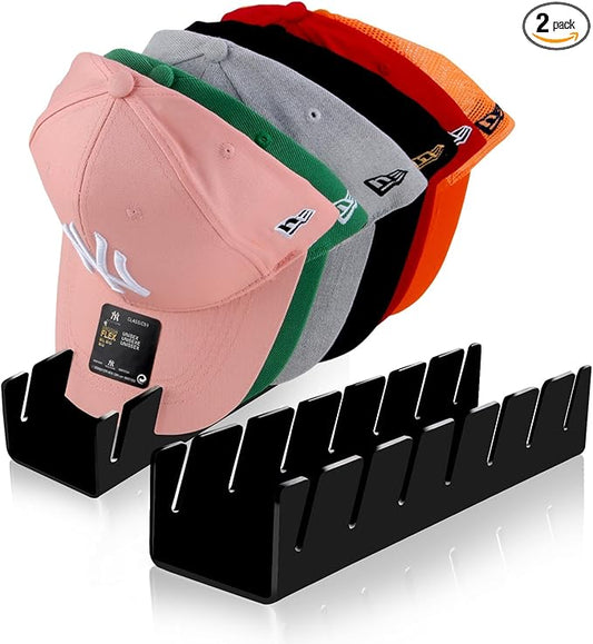 Hat Stand for Baseball Caps, 2 Pack No Install Acrylic Hat Organizer for 14 Baseball Caps Storage Organizer, Hat Racks Hat Holder Display and Organization for Closet, Bedroom, Dresser (Black-2Pack)-NeatNest