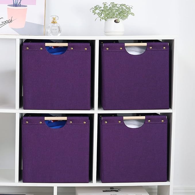 HOONEX Large Collapsible Storage Bins, Linen Fabric, Pack of 2, Storage Baskets with Wooden Carry Handles and Sturdy Heavy Cardboard, for Home, Office, Car, Nursery, Dark Purple