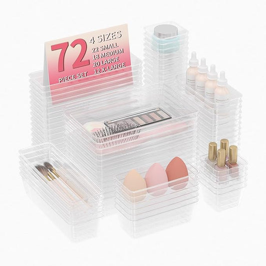 72 PCS Plastic Drawer Organizer Set, 4-Size Clear Bathroom and Vanity Desk Drawer Organizer Trays, Non-Slip Versatile Storage Divider Bins for Makeup Jewelry Bedroom Office Kitchen Gadgets-NeatNest