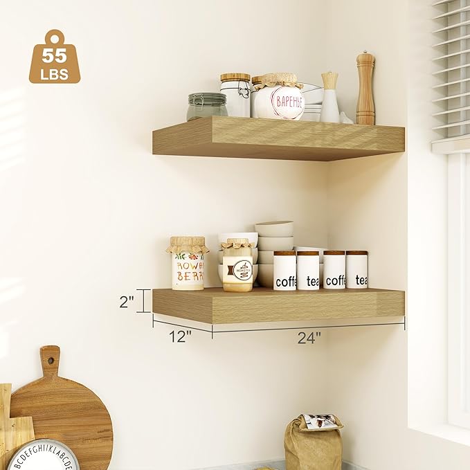 Heimlove Bathroom 12'' Deep Floating Shelves for Wall - Shelf Over Toilet Wall Mounted Farmhouse 24 inches,Rustic Wood Wall Shelves Decor & Storage Set of 1 Oak-NeatNest