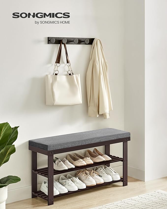 SONGMICS Bamboo Shoe Bench, 3-Tier Shoe Rack Organizer for Entryway, Living Room, Bench Seat Holds Up to 300 lb, 11.9 x 35.4 x 19.2 Inches, Rustic Walnut and Slate Gray ULBS904B32