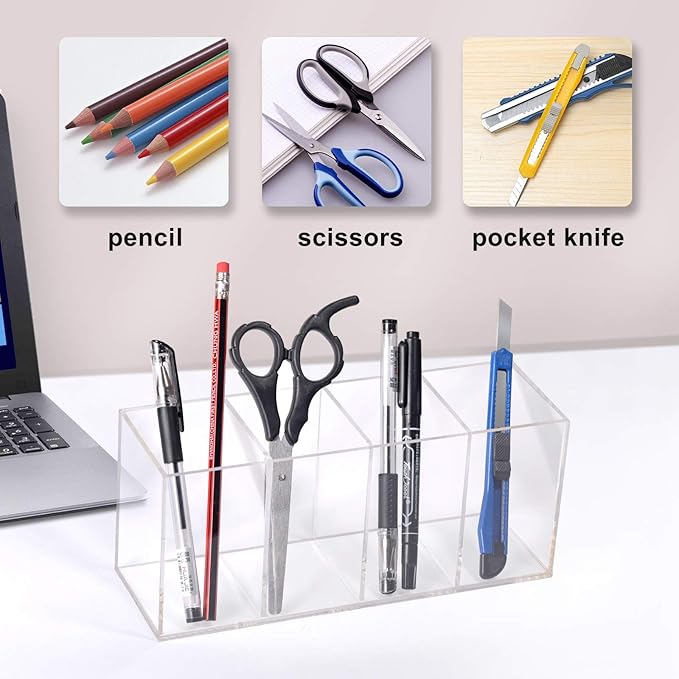 4 Slot Acrylic Pen Holder & Makeup Brush Organizer - Clear Desk Storage for Office, Beauty Supplies, Transparent Pencil, Marker, Paint Brush Holder, Stationery & Desk Accessories Organizer-NeatNest