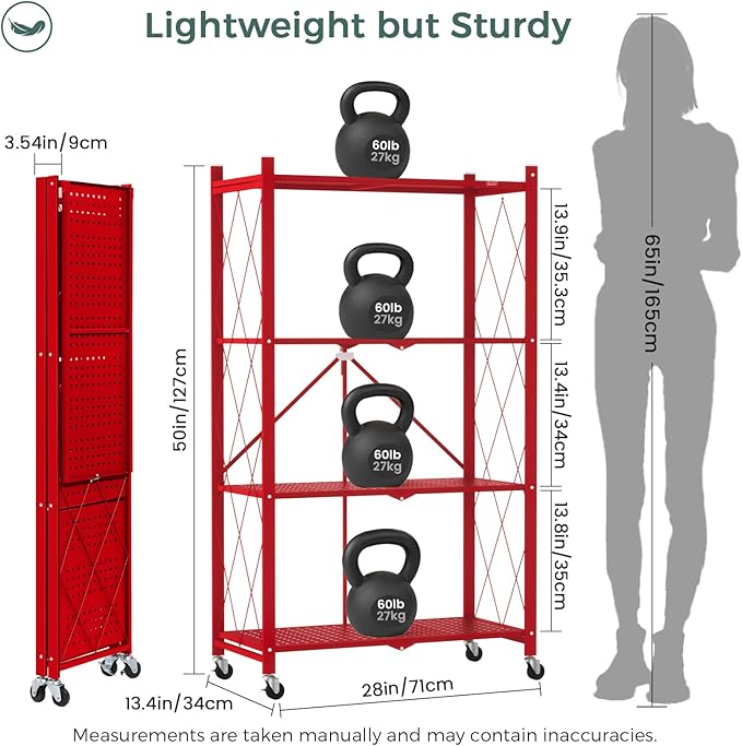 DEANIC 4 Tier Foldable Storage Shelves with Wheels, Large Capacity Shelving Unit, Freestanding Metal Wire Shelf Rack, No Assembly Organizer Rack for Garage Kitchen, Basement(Red)-NeatNest