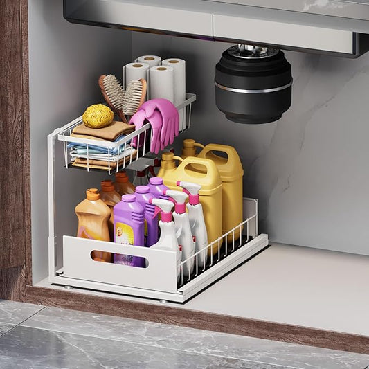 Under Sink Organizers and Storage 2 Tier Slide Out Kitchen Cabinet Organizer Sturdy Metal Bathroom Storage (White, 1 Pack)-NeatNest