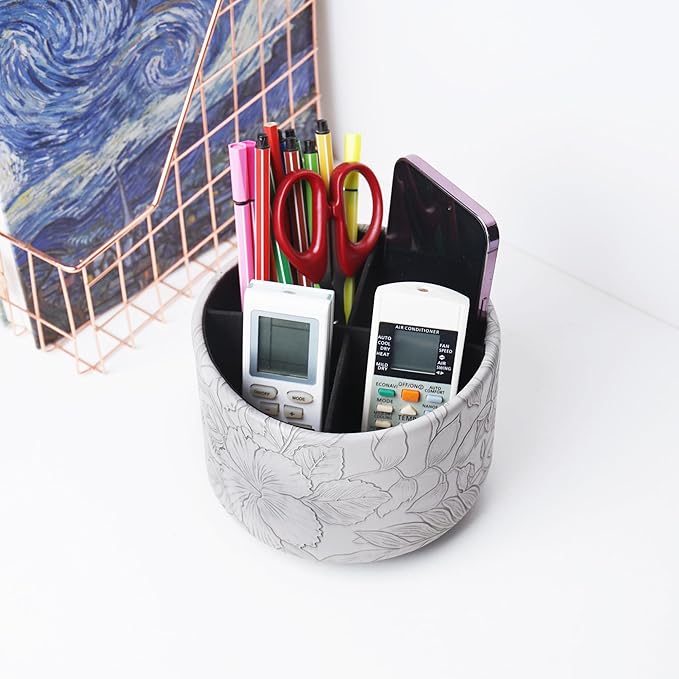 Hennaja Round Leather Art Supply Organizer,Remote Control Holder,360 Degree Spinning,Multi-Functional Pencil Holder,4 Compartments Desktop Stationary Organizer(1-Carved Grey)-NeatNest