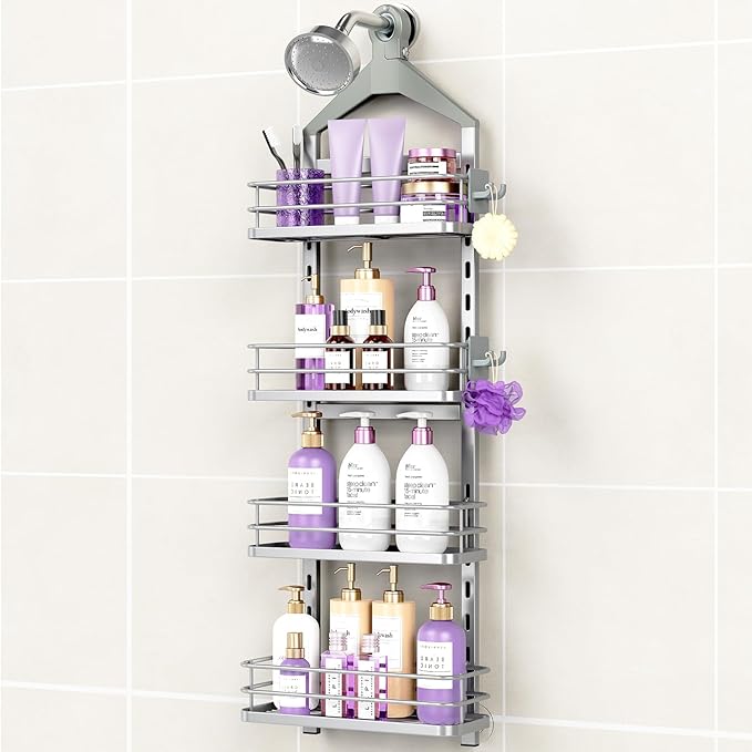 ODesign 4 Tier Height-Adjustable Shower Caddy Hanging Anti-Swing-Over The Shower Head Caddy- Storage Organizer Bathroom Shelves Basket Caddies-Silver