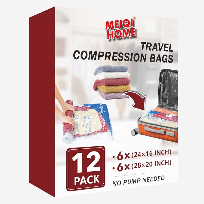 12 Pack Compression Bags for Travel | Vacuum Seal Storage Bags for Luggage & Dirty Clothes | Travel Packing Space Saver Bags for Suitcases & Home Organization | MEIQIHOME-NeatNest