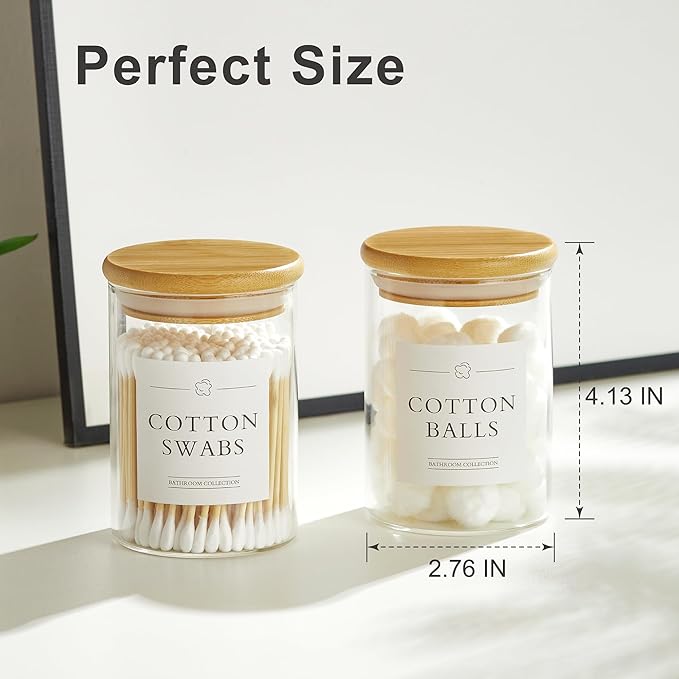 2 Pack Qtip Holder Dispenser - Glass Apothecary Jars with Lids, Cotton Ball Pad Swab Round Holder, Bamboo Bathroom Accessories, Bathroom Organizers Containers Jars Canisters with Lids-NeatNest