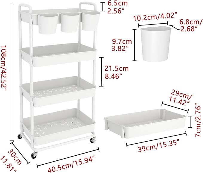 JIUYOTREE 4-Tier Plastic Rolling Storage Cart Utility Cart with Extra Hanging Cups Handles Lockable Wheels for Living Room Bathroom Kitchen Office White-NeatNest