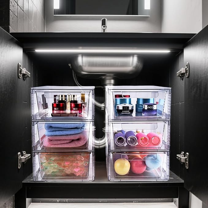2 Pack Clear Stackable Storage Drawers, 3.95" H Easily Assemble Acrylic Organizer Bins - Multi-Use for Make up, Closet, Pantry, Bathroom, Medicine, Kitchen Cabinet & Undersink Organization-NeatNest