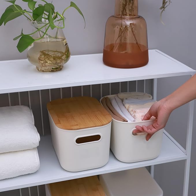Citylife 2 PCS Storage Bins with Bamboo Lids Plastic Storage Containers for Organizing Stackable Storage Box with Handle, 10.23 x 7.08 x 6.3 inch-NeatNest