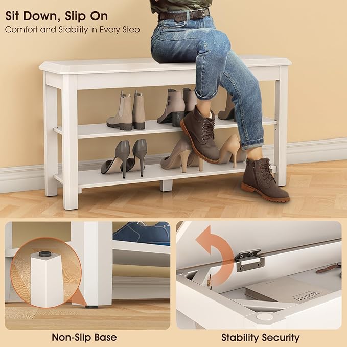 Shoe Rack Bench Seat Rubberwood 2-Tier Wooden Storage Bench 550lbs Compact Mid-Century Modern Design for Entryway, Hallway, Closet, Front Door Entrance, Foyer-NeatNest