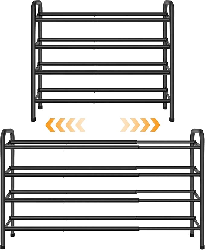 4 Tier Shoe Rack for Closet,Shoe Organizer, 28“ Metal Shelf Can Expandable to 42“, for Bedroom, Entryway, Living Room, Garage, Adjustable to 24 Pairs Shoes, Black-NeatNest