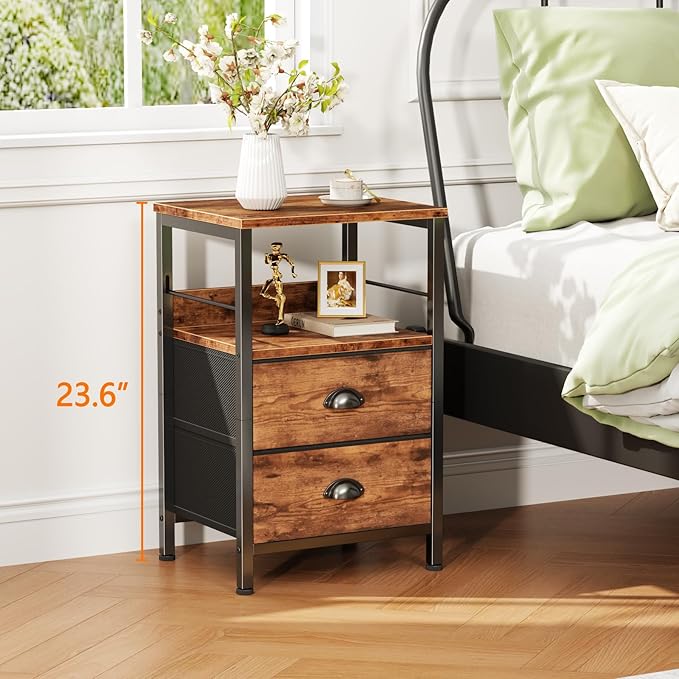 Furologee Nightstand with 2 Fabric Drawers, Night Stand with 2-Tier Shelf, Bedside Table with Hooks,Open Wooden Shelf, End Table for Bedroom, Living Room, Backboard Design, Metal Frame, Rustic Brown