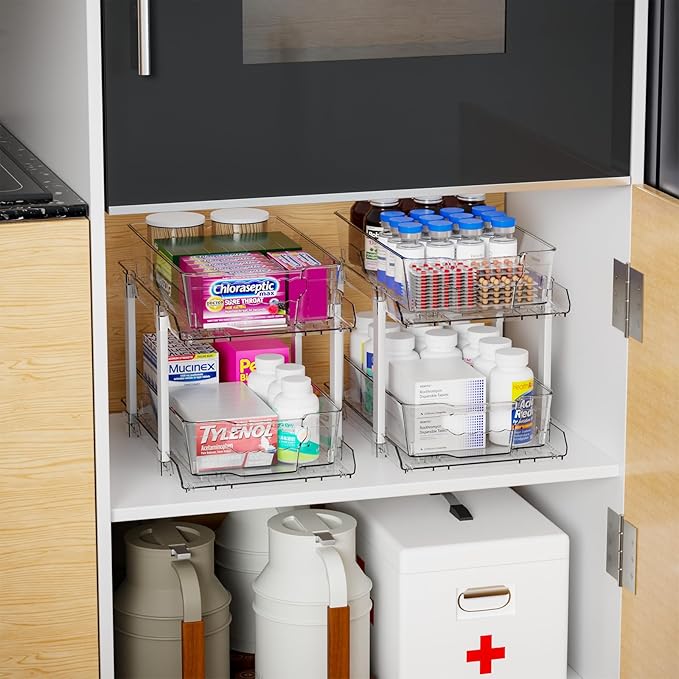 Yieach 2 Pack 2 Tier Under The Sink Organizer With Track,9.8 Inch Tall Bathroom Cabinet Organizer,Clear Under Sink Pull Out organizer for Kitchen,Vanity,Counter,Vanity,Medicine,Makeup,Hair Products-NeatNest