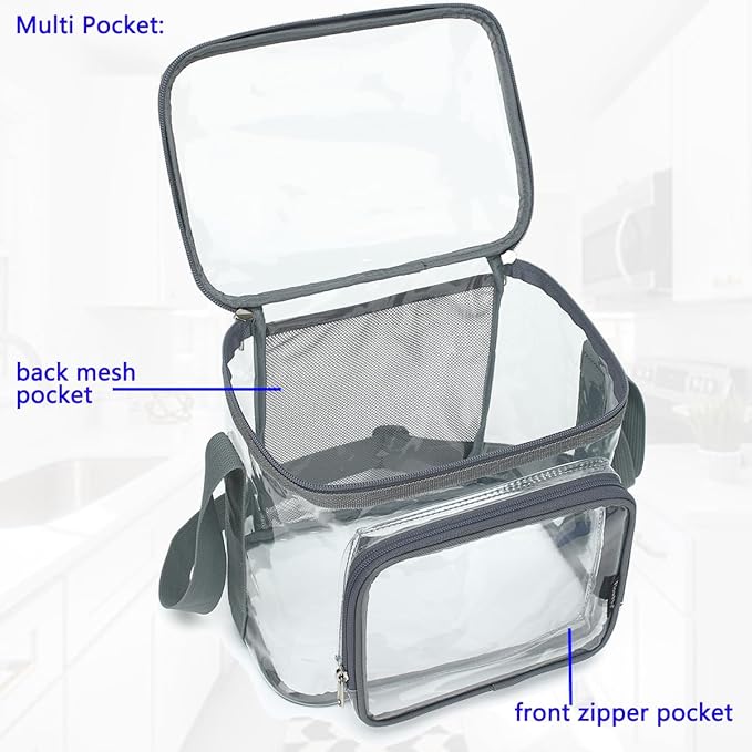 FlowFly Insulated Reusable Lunch Bag Adult Large Lunch Box for Women and Men with Adjustable Shoulder Strap,Front Zipper Pocket and Dual Large Mesh Side Pockets,Clear#Grey-NeatNest