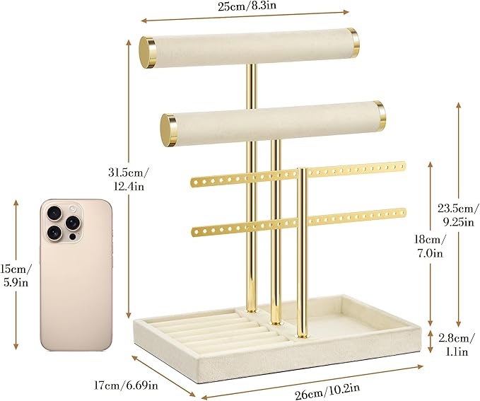 3 Tier Bracelet Holder Display - Detachable T Bar Beige Velvet Bracelet Holder, Jewelry Holder Organizer for Bracelet, Necklace, Earrings, Rings