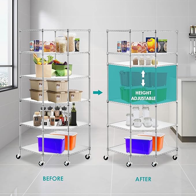 BNSPLY 6 Tier Corner Wire Shelving Unit, Adjustable Metal Storage Rack, Mobile Corner Wire Shelves for Kitchen, Laundry, Bathroom, Pantry, Closet Organization (26.7" D x 26.7" W x 71" H, Chrome)-NeatNest