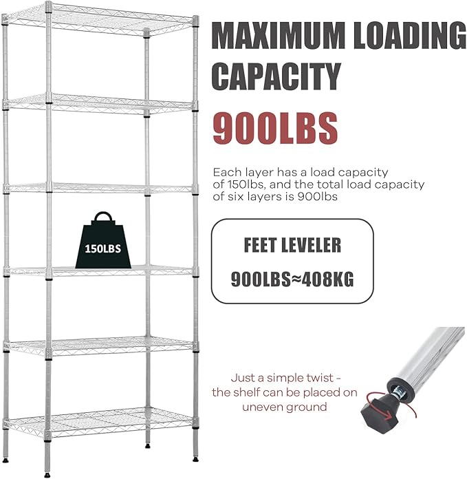 6-Tier Wire Shelving Unit Storage Shelves Metal Shelves 60"x23"x13" Heavy Duty Metal Storage Rack Wire Rack NSF Height Adjustable for Home Kitchen Bathroom Garage Shelving(Chrome)