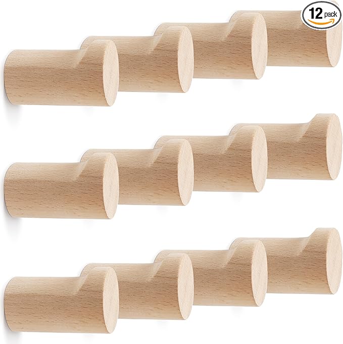 12 Pack Wood Wall Hooks, Natural Wooden Coat Hooks Wall Mounted, Handmade Rustic Hat Hooks Heavy Duty Entryway Wall Hangers for Hanging Towels, Clothes, Bags-NeatNest
