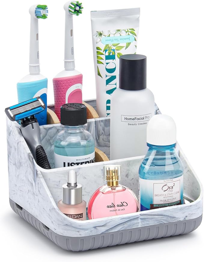 Chintu Toothbrush Holders for Bathrooms - 6 Slots Electric Tooth Brushing Holder, Bathroom Countertop Organizer for Kids Family, Marble Toothbrush and Toothpaste Holder Shower Storage Grey-NeatNest