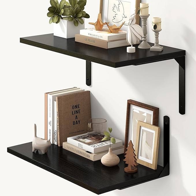 Fun Memories Floating Shelves for Wall, 12 Inch Deep Floating Shelves Set of 2, Wall Mounted Shelf with Metal Brackets, Rustic Wood Wide Shelf for Bathroom, Kitchen and Living Room, Black, 24W x 12D-NeatNest