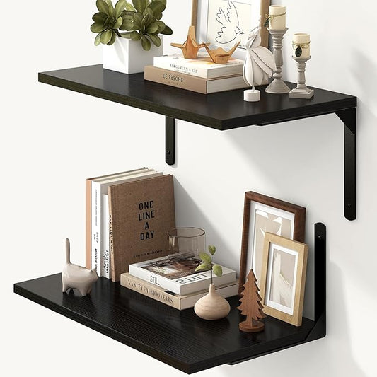 Fun Memories Floating Shelves for Wall, 12 Inch Deep Floating Shelves Set of 2, Wall Mounted Shelf with Metal Brackets, Rustic Wood Wide Shelf for Bathroom, Kitchen and Living Room, Black, 24W x 12D-NeatNest