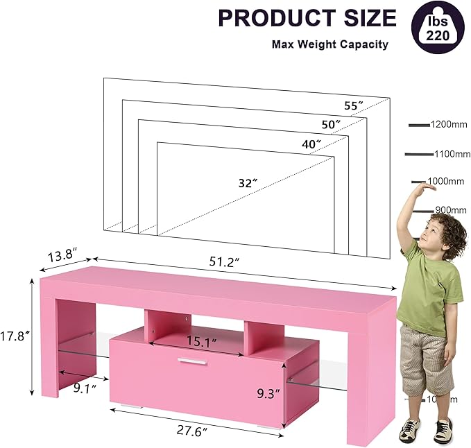 Clikuutory Modern Lighting 51 inch TV Stand with Large Storage Drawer for 32 40 50 55 Inch TVs, TV Console with 20 Color LED Lights, Entertainment Center Media and Open Shelf for Bedroom, Pink-NeatNest