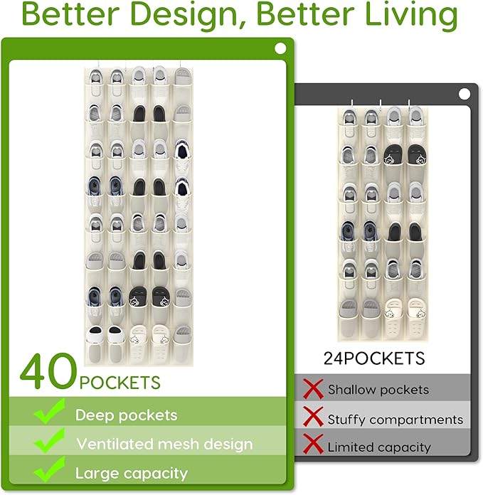 Unjumbly Over the Door Shoe Organizer with 40 Large Breathable Mesh Pockets, Space Saving Shoe Holder, Hanging Shoe Rack for Entryway Bedroom Closet Storage (Beige, 40 Pockets)-NeatNest
