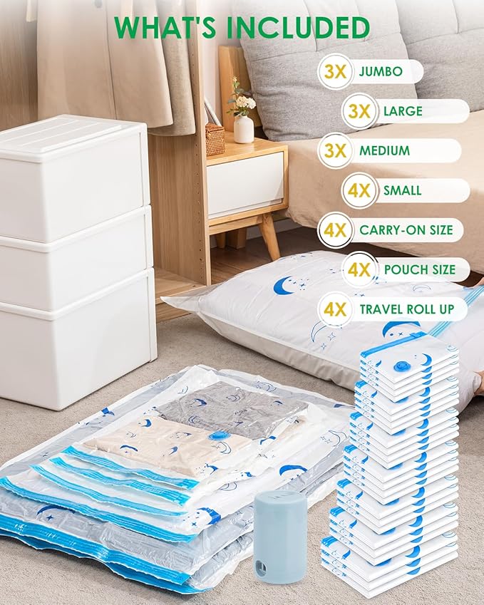 Travel Compression Bags, 25 Pack Vacuum Storage Bags with 1500mAh Rechargeable Battery, Vacuum Seal Bag for Space Saving Clothes, Blanket, Duvets, Pillows, Comforters, Travel Essentials, Luggage-NeatNest