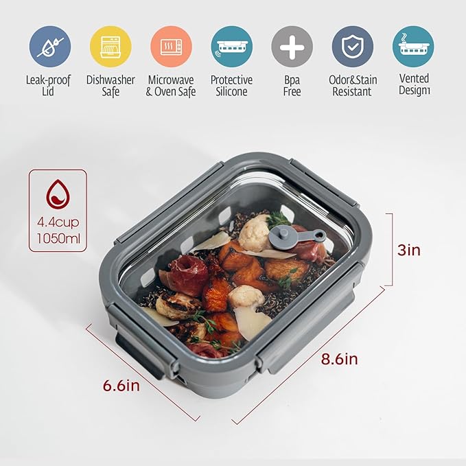 Glass Food storage container with Glass lids Bento Box Set Lunch box Eco Friendly Meal Prep Containers Airtight – Plastic Free, silicon sleeve BPA Free 4.4cup/ 5 * 1050ml