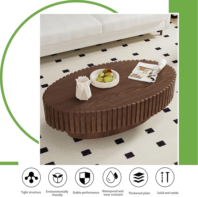 Handmade Oval Grooved Drum-Shaped Coffee Table、Rustic Modern Circular Centerpiece for Living Room & Farmhouse Decor、Easy to Clean (C Walnut 43in)