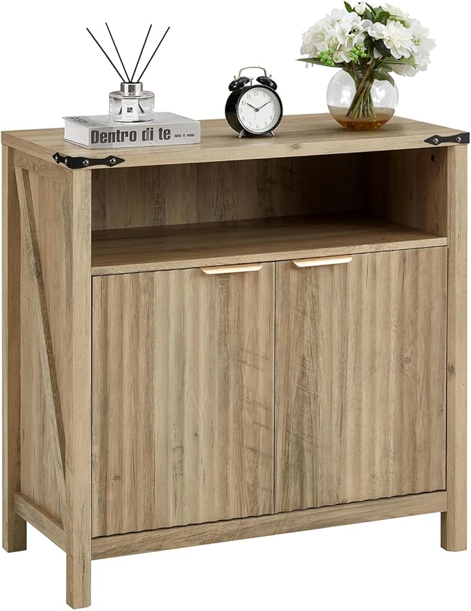 32 Inch Fluted Sideboard Buffet Cabinet with Storage, Modern Farmhouse Accent Credenza with Adjustable Shelves, Coffee Wine Bar Organizer for Kitchen, Living Room (Sunwashed Ash Oak)