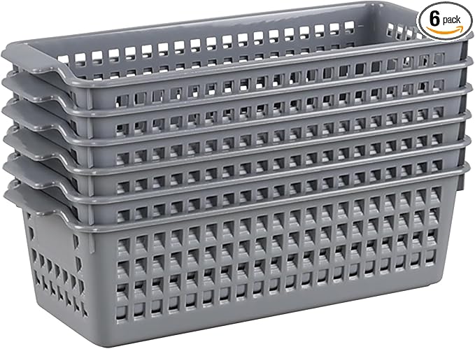 6 Packs Slim Plastic Storage Trays Baskets,Pencil Organizer 11.61" x 5.03", Grey-NeatNest