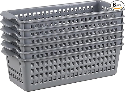 6 Packs Slim Plastic Storage Trays Baskets,Pencil Organizer 11.61" x 5.03", Grey-NeatNest