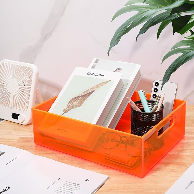 Acrylic Storage Bin Pantry Storage Container with Handles Kitchen Organizer Bin for Cabinet Cupboard Organization, Heavy Duty, 12.6 x 9.4 x 4'', Neon Orange