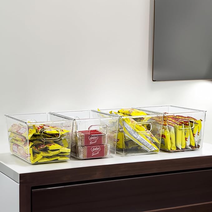 10 PACK Clear Storage Bins Clear Storage Containers for Kitchen Pantry Organization, Organizing Bins with Built in Handles, Cabinet Organizers