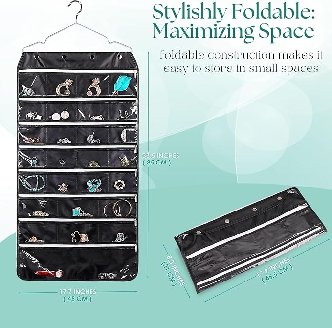 Flexzion Hanging Jewelry Organizer with Zippered Pockets - (1 Pack) Black Closet Jewelry Organizer Storage with Hanger, 56 Pockets Dual Sided Earring Organizer Hanging for Bracelets, Watches, Ring-NeatNest