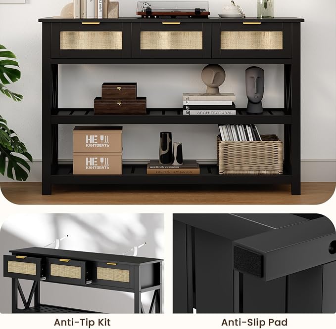 Console Table with 3 Rattan Drawers, Wooden Entryway Table with 3-Tier Storage Shelves, Display Shelf for Entryway, Hallway, Foyer and Living Room, Black-NeatNest