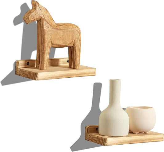Freezing point Small Floating Shelf for Wall Set of 2 Natural Wood 8Inch Mini Wall Shelves Decor Plant Display Collectibles Mounted Kitchen Bathroom Bedroom Corner Decorative Storage Tiny Stand-NeatNest