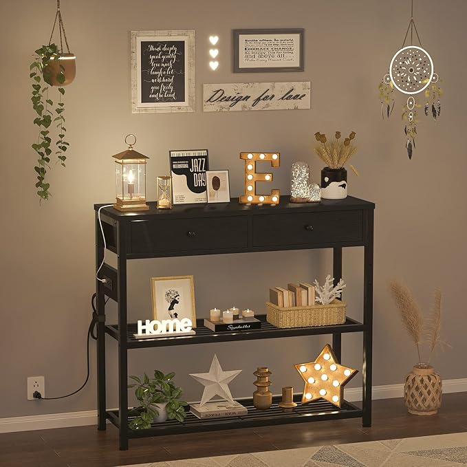 Ecoprsio Entryway Table with Outlets and USB Ports, Console Table with 2 Drawers, Small Sofa Table with Storage Shelves for Living Room, Couch, Hallway, Foyer, Kitchen Counter, 32'', Black-NeatNest