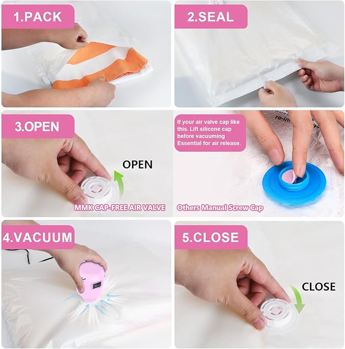 Electric Vacuum Pump for Storage Bags - 55W Fast Compression, Universal for Bags Under 1.5'', Auto Voltage 100V-240V, Portable Space Saver for Travel/Home, Pink-NeatNest