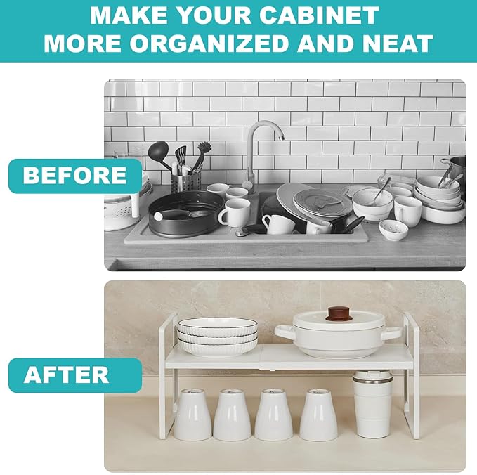 Expandable Cabinet Shelf, Lengths Adjustable Shelf Organizer Riser, Metal Space-Saving Cupboard Organizers for Kitchen Cabinet Pantry Cupboard Under Sink Countertop, White-NeatNest