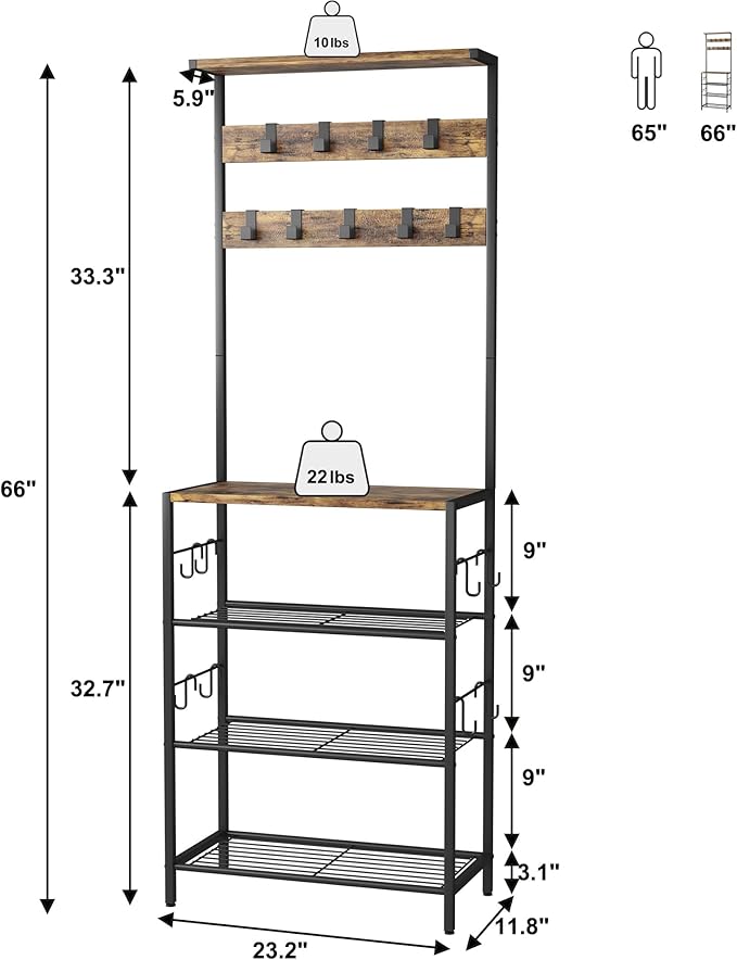 HOMEFORT Coat Rack with Shoe Storage, 5-Tier Shoe and Coat Rack with 9 Clothes Hooks, Freestanding Hall Tree Organizer for Entryway, Bedroom, Rustic Brown