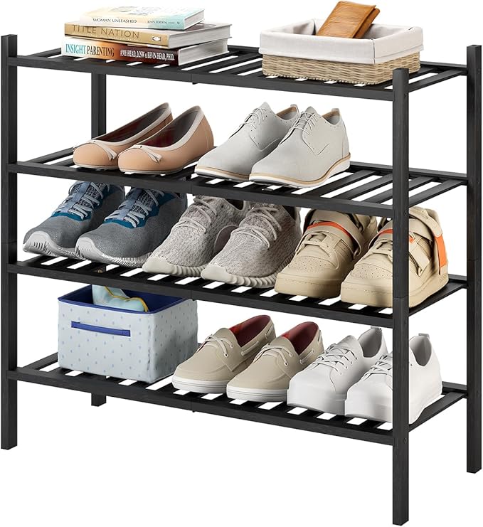 4-Tier Bamboo Shoe Rack for Entryway, Stackable | Heavy Duty | Multi-Function, Free Standing Shoe Racks for Bedroom Hallway Closet（Black）-NeatNest
